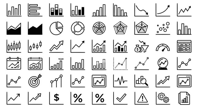 Linear vector set of data visualization and financial trend charts for report interface.