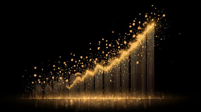 Abstract golden glowing rising stock market chart with sparkling dust for financial success and business growth presentation overlays.