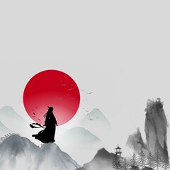 minimalist Japanese sumi-e style ink painting featuring a majestic lone samurai silhouette standing on a mountain peak, looking at a giant crimson red sun with traditional watercolor mountains and fly