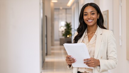 Fototapeta premium Smiling young Black businesswoman holding papers in a bright office hallway. Professional female employee in a beige blazer. Corporate portrait of a successful woman