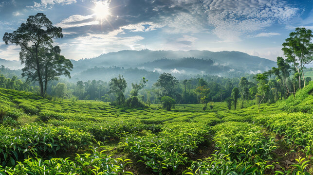 Breathtaking panoramic landscape vista of rolling tea estates near Lawachara Rainforest, Bangladesh
