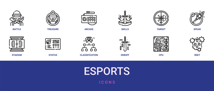 Set of 12 outline web Esports icons such as rekt, cpu, debuff, classification, status, stadium, spear vector icons for report, presentation, diagram, web design, mobile app