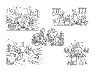 Obraz premium Set of coloring page illustrations showing happy family activities and daily life moments in line art