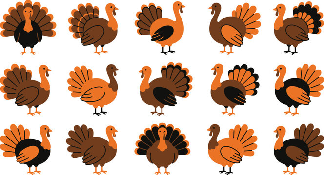 Variety of cartoon turkeys thanksgiving day illustrations and festive designs