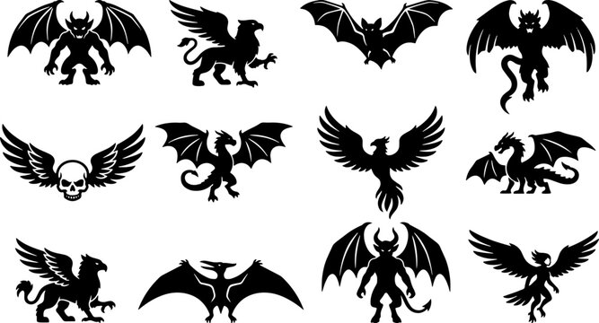 Set of mythological creatures and winged monsters silhouettes for fantasy artwork