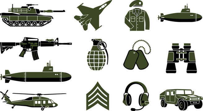 Military Uniform and Heavy Army Vehicle Silhouette Icon Set with Tank, Fighter Jet, Submarine, Helicopter, Humvee, Dog Tags, and Chevron Rank Symbols