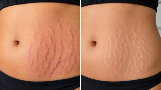 Comparison of red and white stretch marks on abdomen