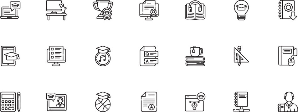 E-learning & Digital Education icon set showcasing online study tools featuring graduation caps video lectures digital certificates geometry rulers and study books outline vector