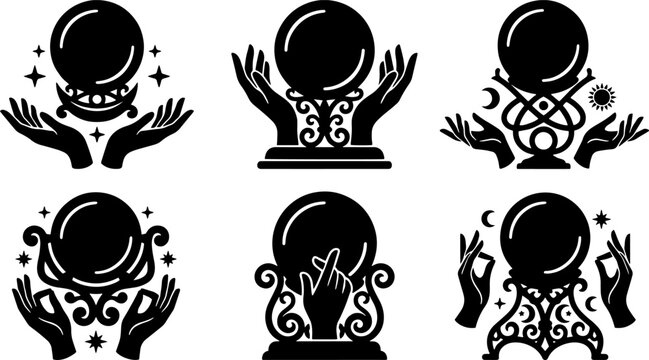 Set of mystic crystal balls with hands and magical occult esoteric design symbols
