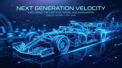 Obraz premium Futuristic F1 Race Car Hologram: Next Generation Velocity, Exploring the Limits of Speed and Innovation on Circuit Astra, Digital Blue Light Trails and Circuitry