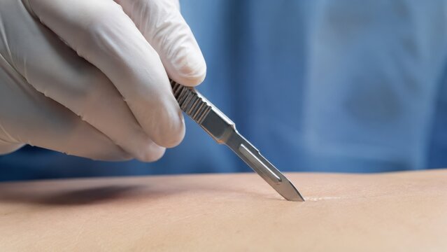 Surgeon hand with scalpel making incision on skin