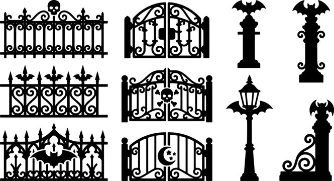 Decorative halloween metal gates and graveyard fences set with skulls and spikes