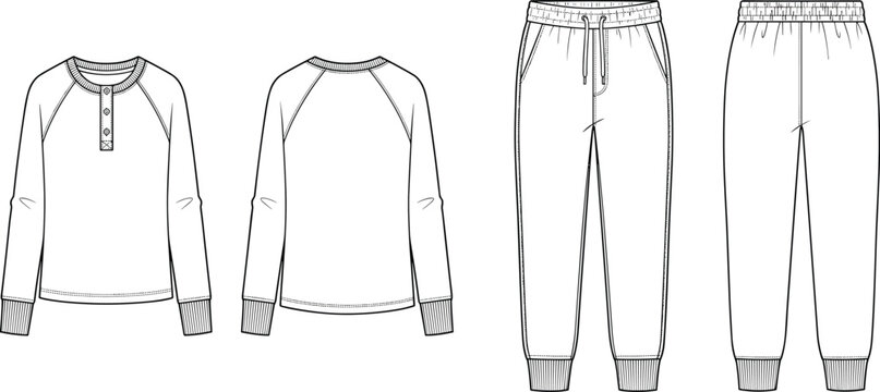 MobileFashion technical sketch of a men's loungewear set with a raglan henley sweatshirt and jogger sweatpants