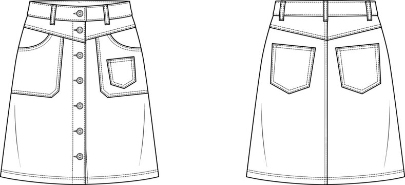 MobileFashion technical sketch of a women button up denim skirt front and back view apparel template