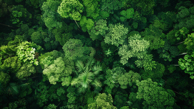 Top-down aerial drone view of the rich tropical dense canopy of Lawachara Rainforest, Bangladesh