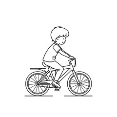 Fototapeta premium Boy riding a bicycle line art vector illustration cartoon kid cycling profile view