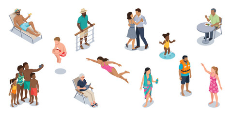 Fototapeta premium Cruise ship passengers relaxing, swimming, and dining on a vacation resort deck | Isometric vector character set