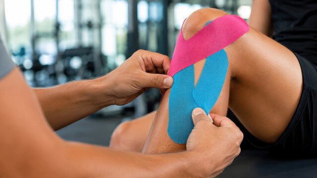 Physical therapist applying kinesiology tape to athlete's knee