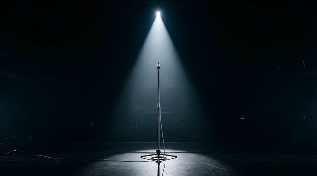 Single microphone on a dark stage under a bright spotlight for performance