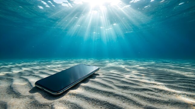 Smartphone resting on sandy ocean floor underwater with sun rays light