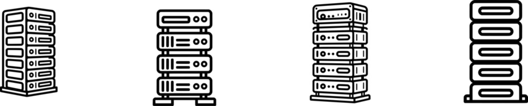 A minimalist black-and-white icon of an unbranded modular medical data server rack unit stands against a clean white background