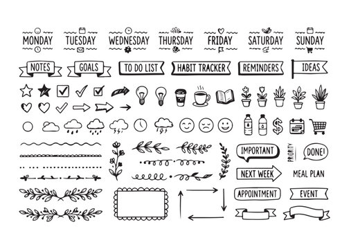 Hand drawn doodle style daily planner stickers and icons set for organization and productivity  daily planning and organization tools