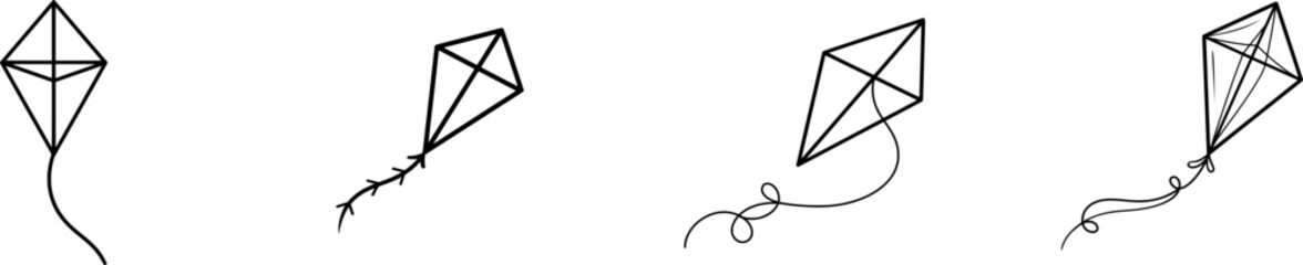 Obraz premium A minimalist black outline icon of a flying kite, with thick uniform lines against a pure white background, embodies simplicity and elegance in a flat vector style