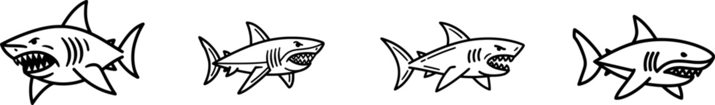 A fierce black outline shark with sharp teeth and fins is depicted in a minimalist flat vector style against a pure white background