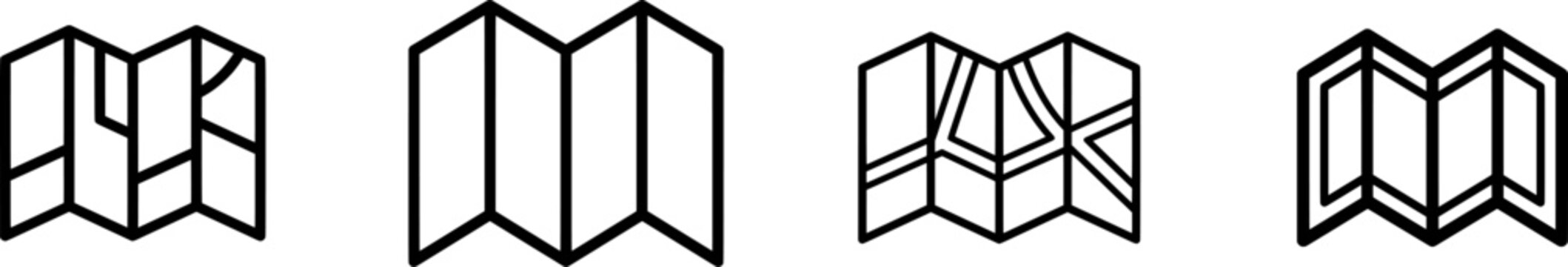 A minimalist black-and-white icon of an unfolded map with thick lines, set against a pure white background, symbolizes navigation and exploration in a clean, modern design