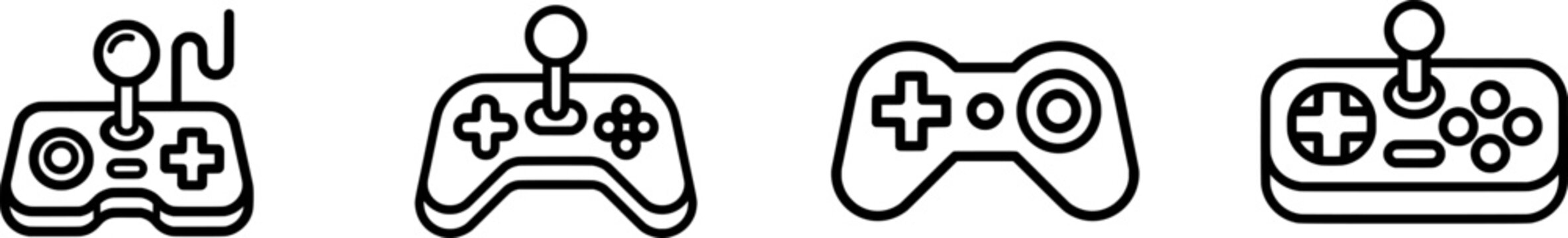 A sleek black outline illustration of a classic gaming joystick, featuring a circular stick and directional pad, set against a pristine white background in a minimalist flat vector style