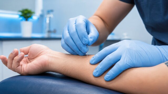 Therapist performing dry needling on forearm for pain relief