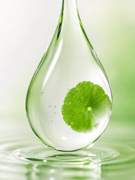 Centella Asiatica Leaf Floating Inside Clear Serum Droplet Macro Skincare Concept.