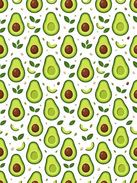 Seamless pattern of fresh avocado halves and green leaves on white