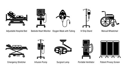 Fototapeta premium Medical Equipment Icons Including Adjustable Hospital Bed, Wheelchair, and Ventilator Featuring Monitor, Oxygen, Mask with Tubing