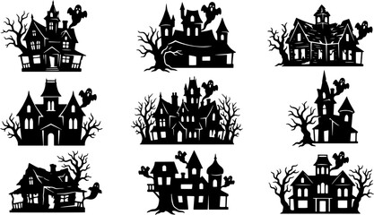 Obraz premium Haunted house silhouettes set with ghosts and spooky trees for halloween graphics