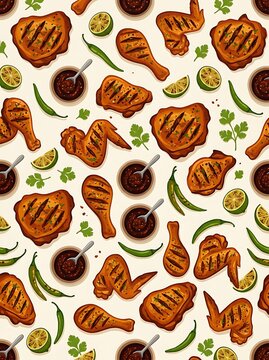 Grilled chicken barbeque pieces with lime and chili pattern
