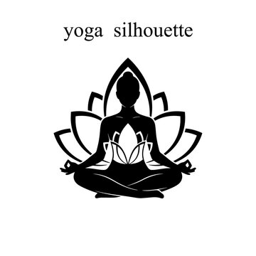 Black and white yoga silhouette meditating in a lotus position on a minimalist background