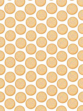 Seamless cookie pattern with colorful sprinkles on a white background
