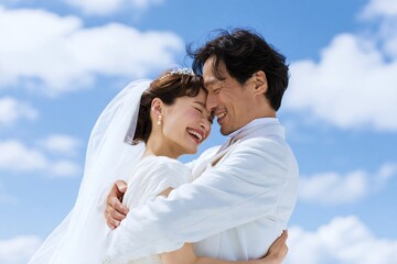 Fototapeta premium 青空の下で幸福感に満ちた新婚夫婦の笑顔ウェディング