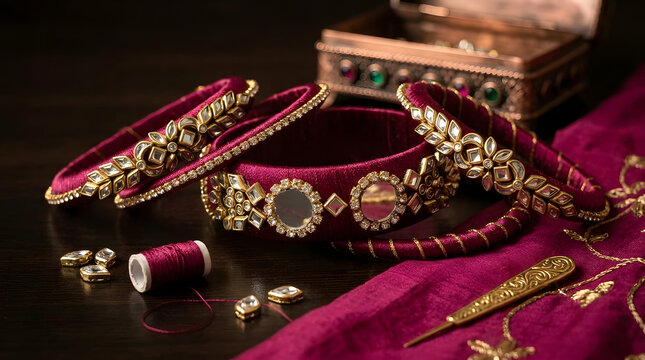 Elegant Handmade Magenta Silk Thread Bangles with Gold Kundan Work
