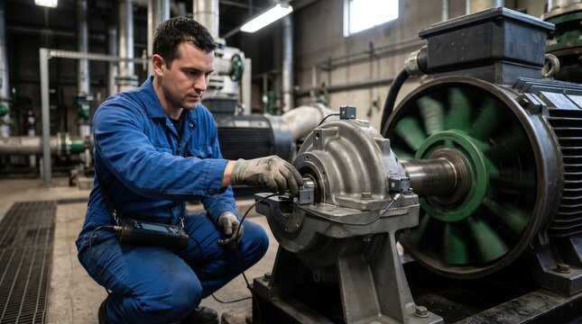 Specialist applies magnetic base vibration sensors to rotating machinery optimizing sensor placement for accurate condition monitoring and early fault detection.