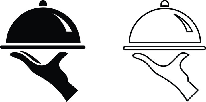 Elegant food service icon set silver dome presentation on hand