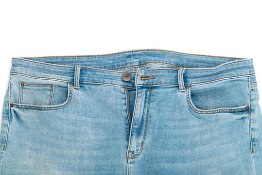 Blue jeans denim trousers close up isolated on white background