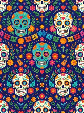 Colorful day of the dead seamless pattern with sugar skulls and flowers