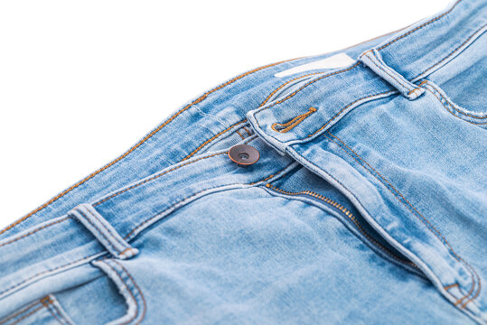 Blue jeans denim trousers close up isolated on white background