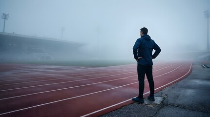 Obraz premium Young athlete man standing on running track at stadium in heavy fog