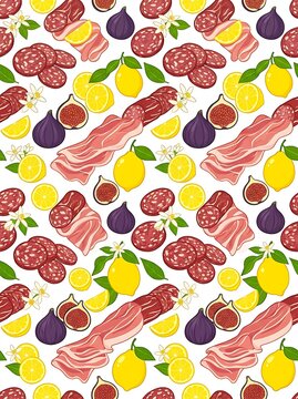 Seamless food pattern with cured meats figs and lemons