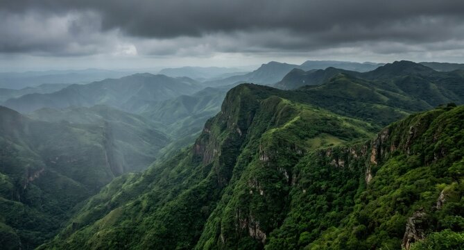 Dark moody storm clouds over the lush green rolling mountains of the Serra da Leba escarpment