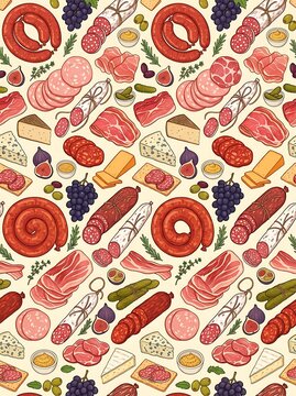 Seamless pattern with deli meats cheeses and appetizers