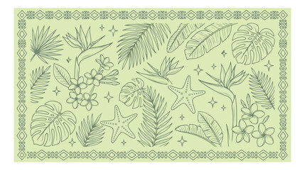 Tropical botanical vector collection, exotic leaves and flowers, hand-drawn summer floral elements, green nature illustration set for design projects © MuhammadAmjad